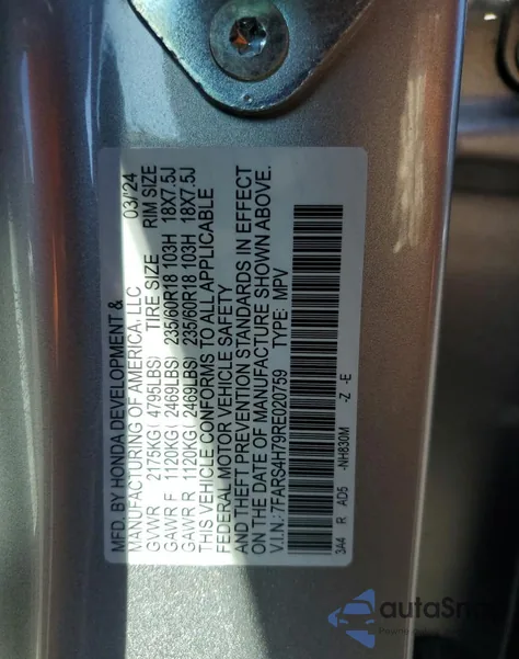 2024 Honda Cr-V Exl из США, поврежденный, VIN 7FARS4H79RE020759